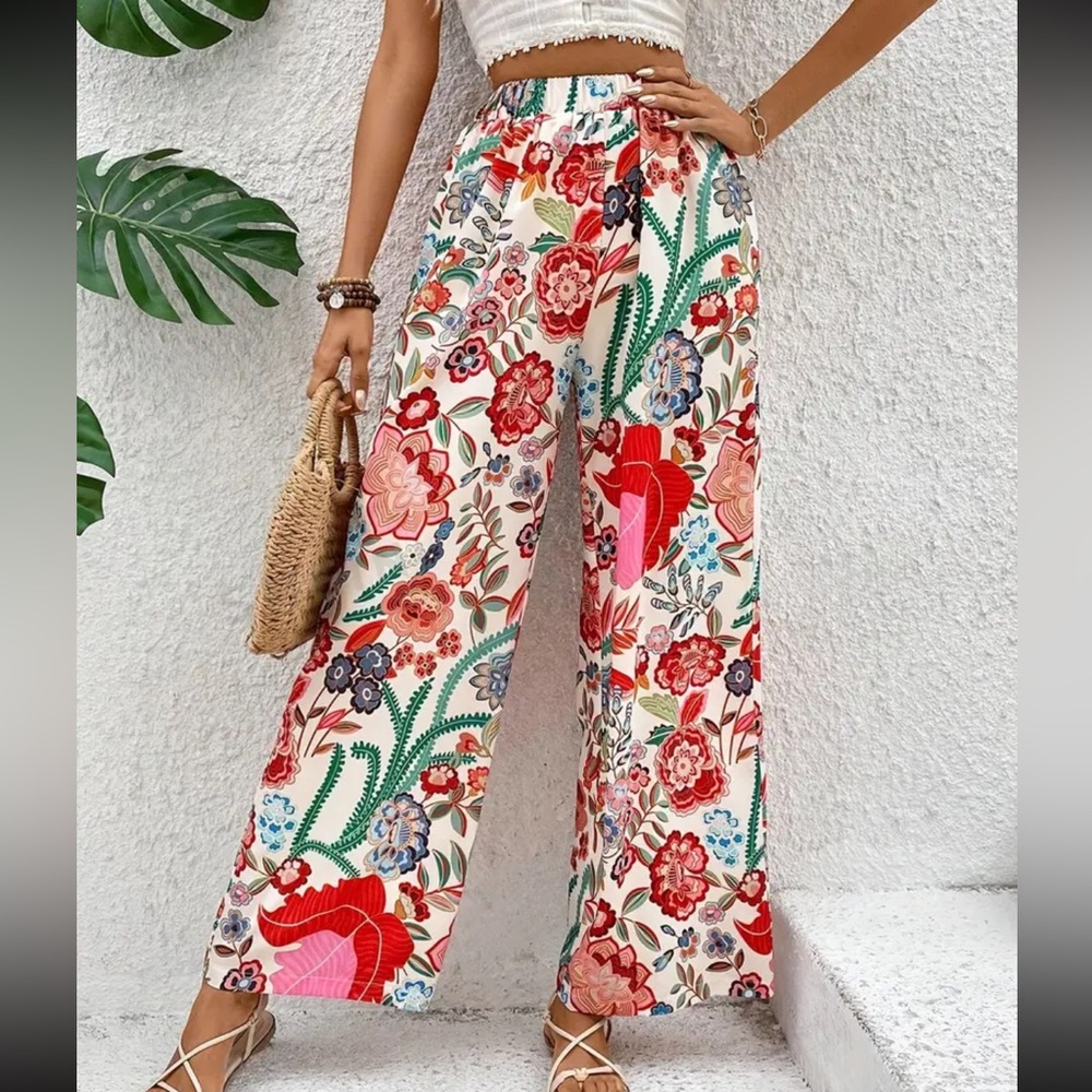 Red Multicolor pocketed high rise floral Wide bohemian boho Long Pants - Picture 5 of 6